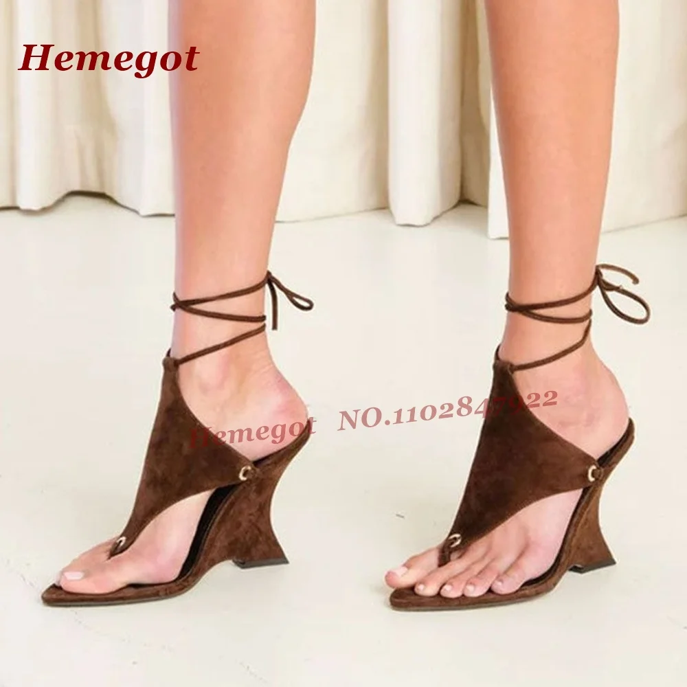 Brown Suede Lace-Up Wedge Sandals Thong Toe Mule Sandals Retro Y2K Statement Shoes Strange Style Cross Strappy Runway Shoes Sexy