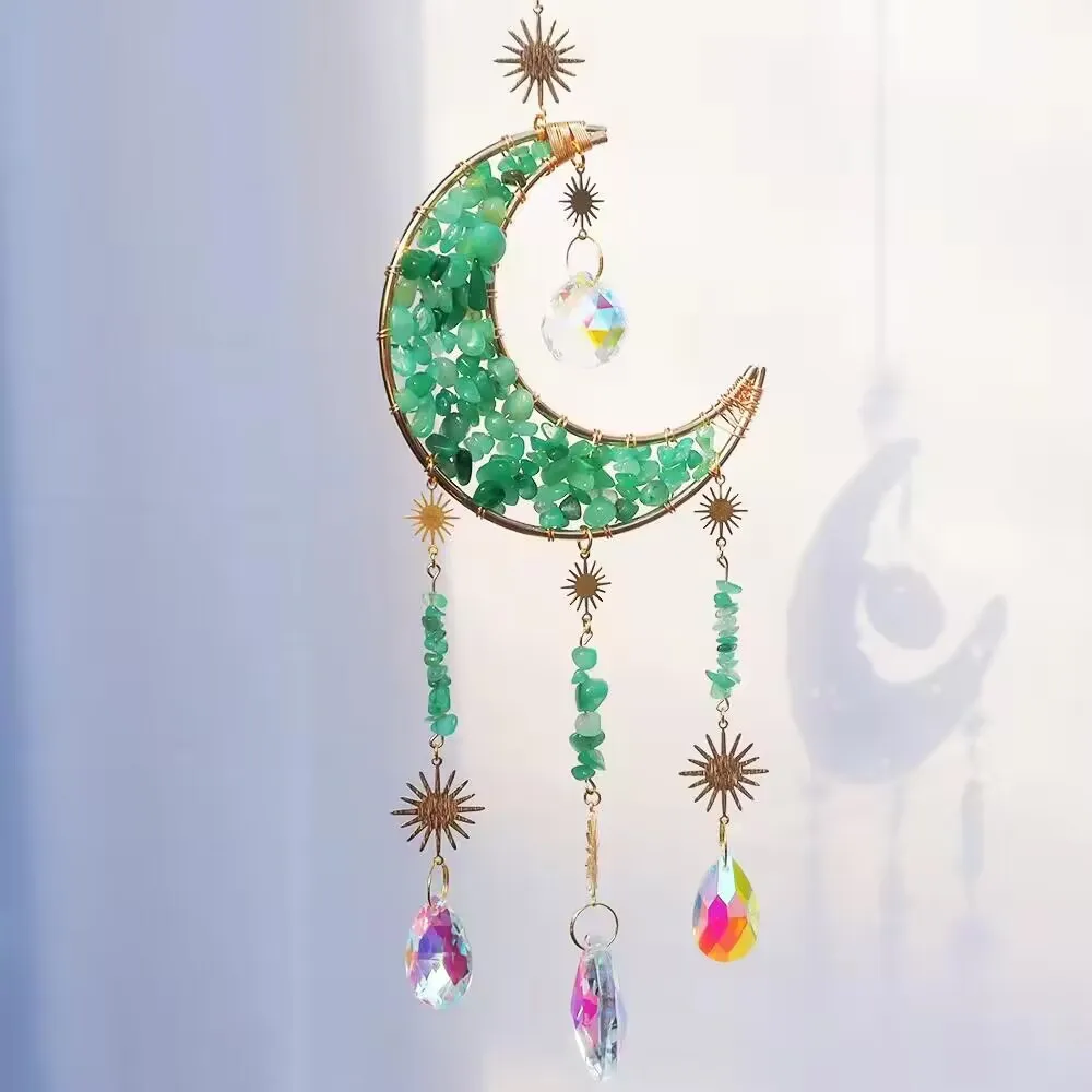 Custom Green Aventurine Moon Sun Catcher Wind Chime - Crystal Hanging Ornament for Window Home Decor & Gift