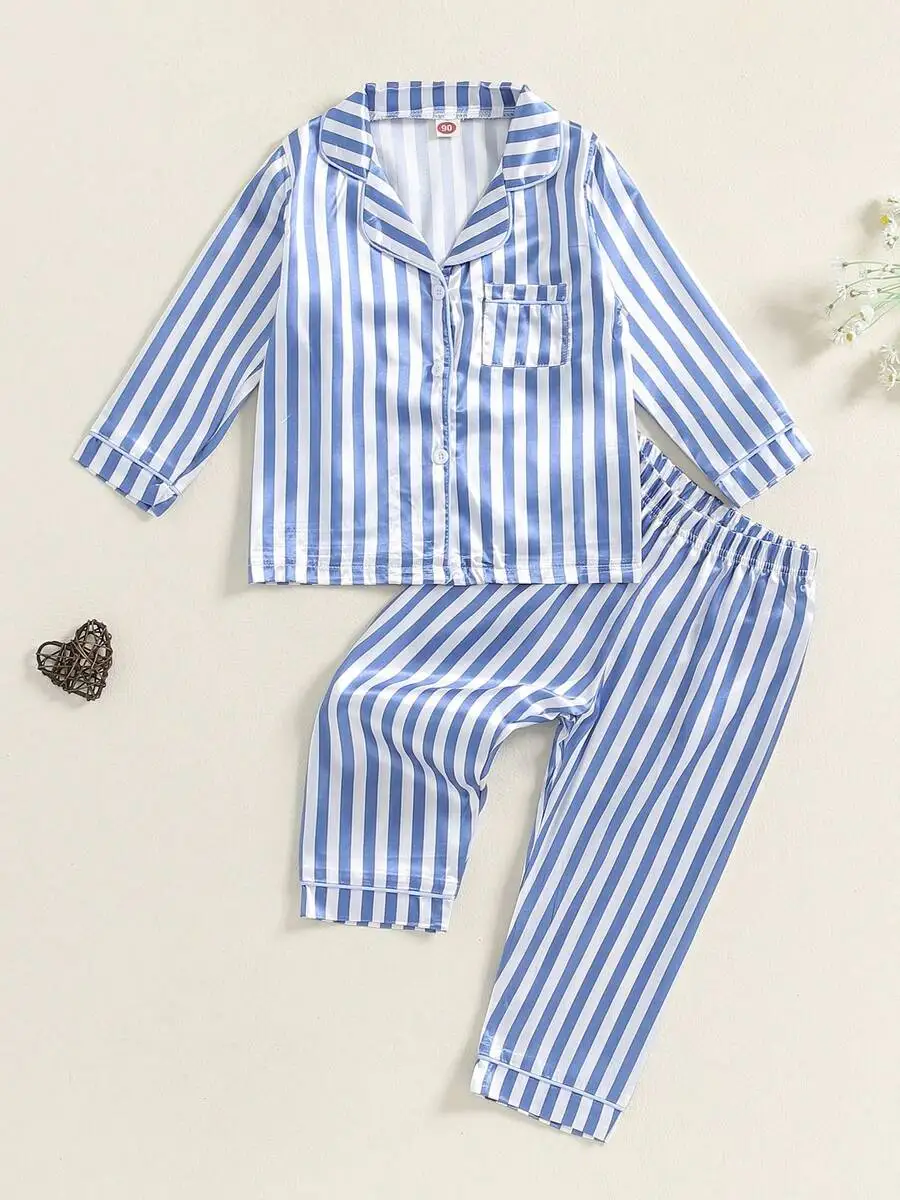 

Striped Satin Pajama Set Long Sleeve Button Down Sleep Shirt Lounge Pants