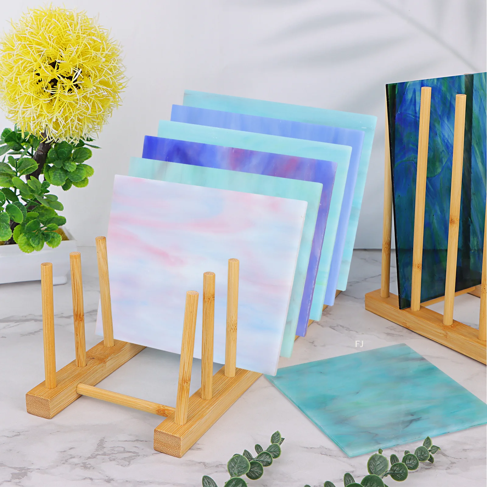 [YU]3Pack Stained Glass Organizer Bamboo Dish Plate Rack Wooden Dish Plate Stand Stained Glass Holder Space Saving Bamboo Drying