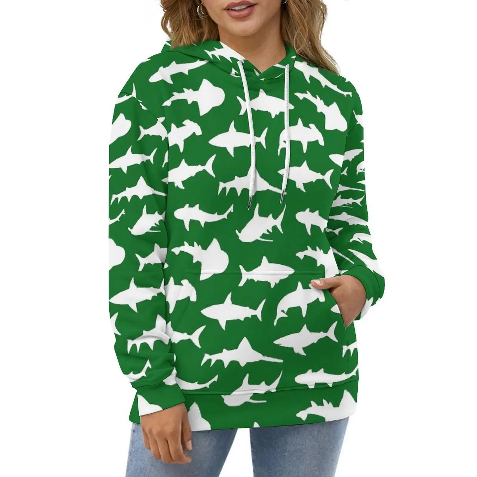 Whtie Shark Hoodies Animal Silhouette Street Style Oversize Hoodie Female Long Sleeve Y2k Graphic Casual Sweatshirts