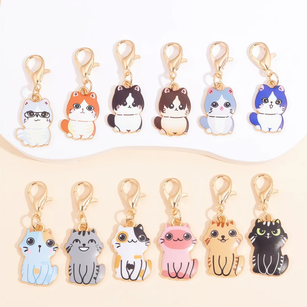 10Pcs Cute Cat Charms with Lobster Clasps Pendants for Jewelry Making Cat Enamel Keychain Knitting Stitch Markers Sewing Tools