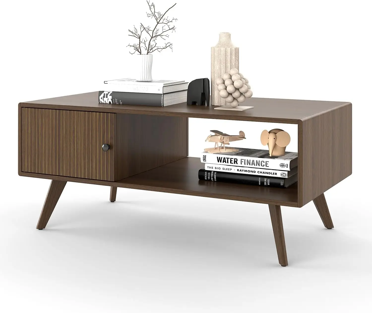 

Журнальный столик в стиле Mid-Century Modern с тумбой для хранения и открытой полкой, деревянный стол для гостиной с рифленым выдвижным ящиком и элементами из массива дерева