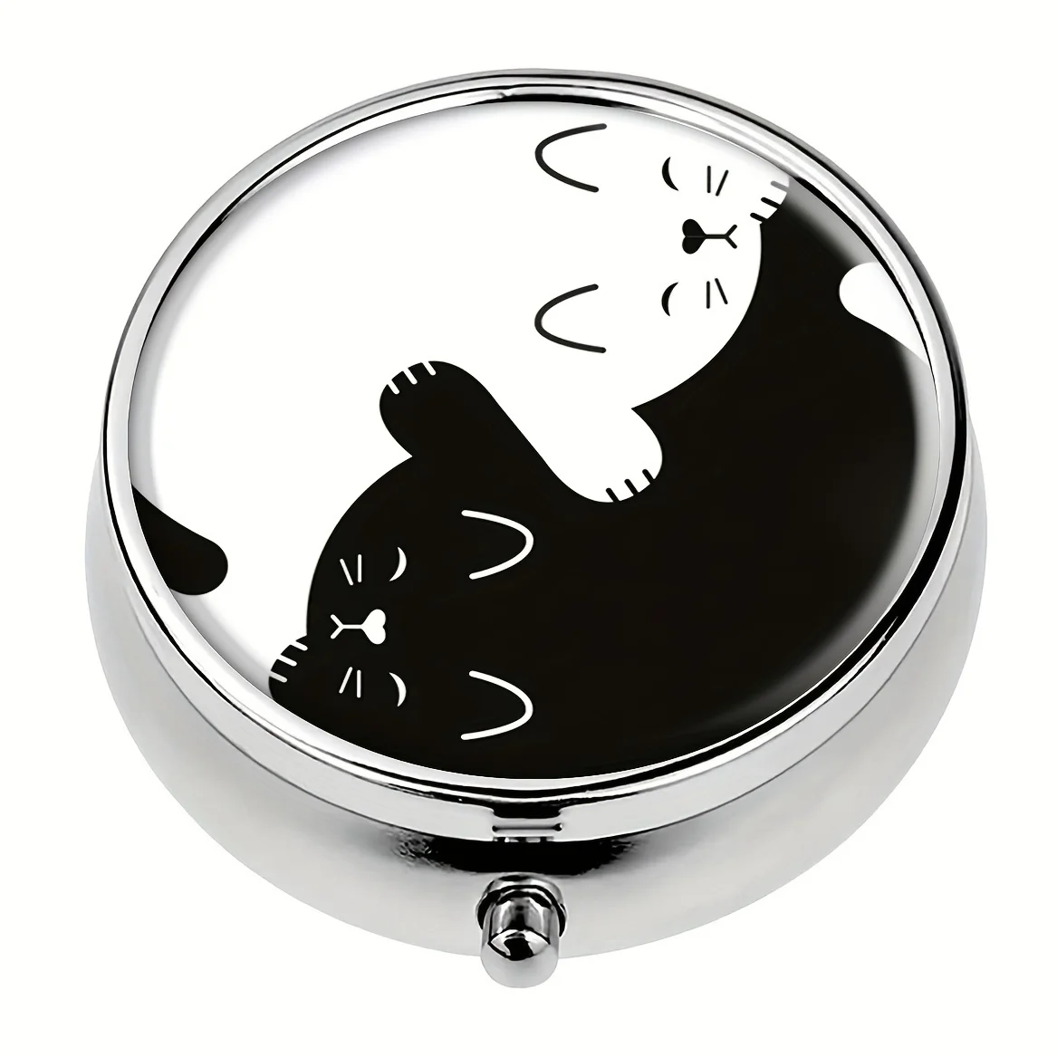 Black White Cat Round Pill Box,Household Portable Medicine Storage Box,3-grid Sub-packaging Medicine Box,Outdoor Travel & Office