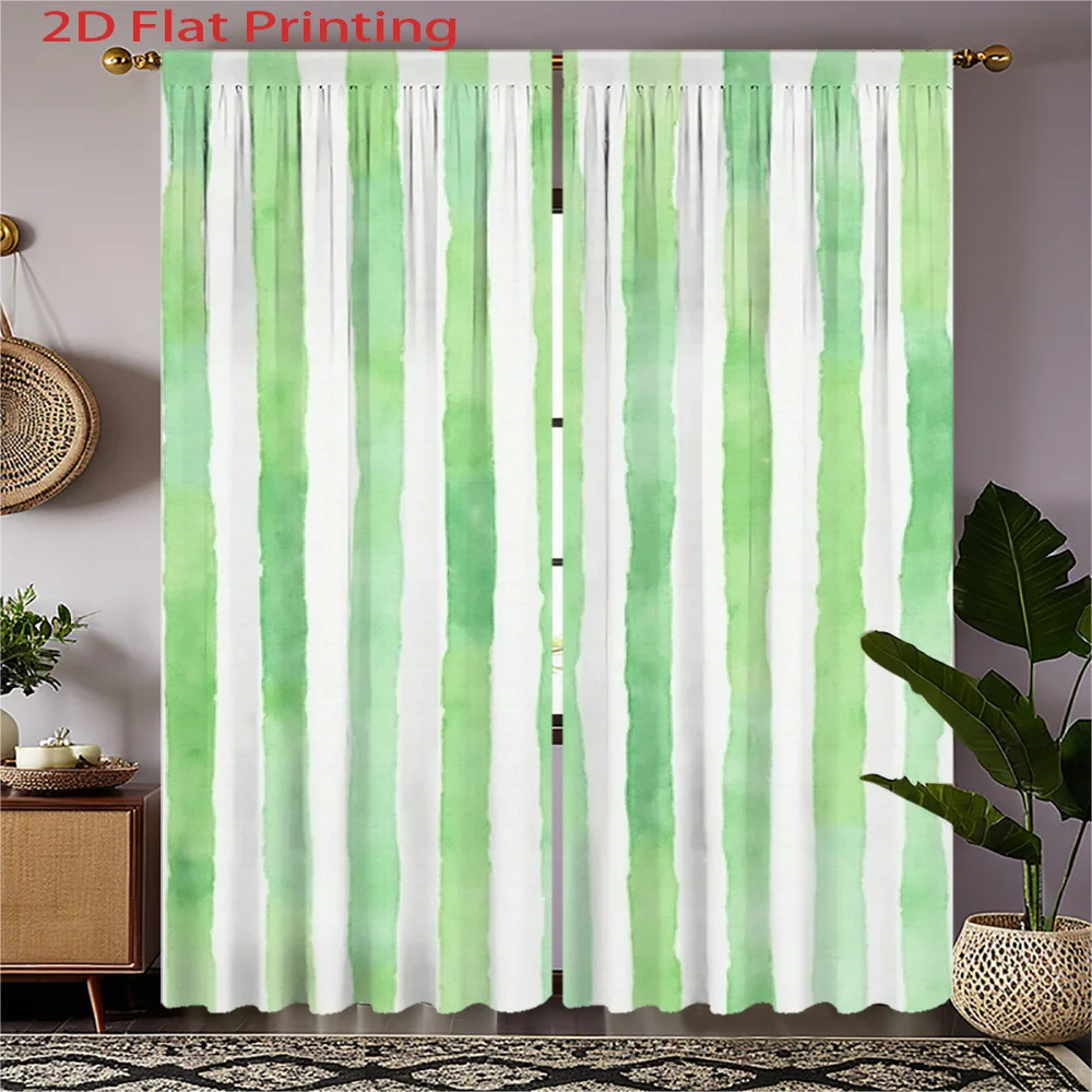 Watercolor Stripe Curtains 2pcs – Green and White Vertical Stripes, Modern Minimalist Decor for Living Room and Bedroom