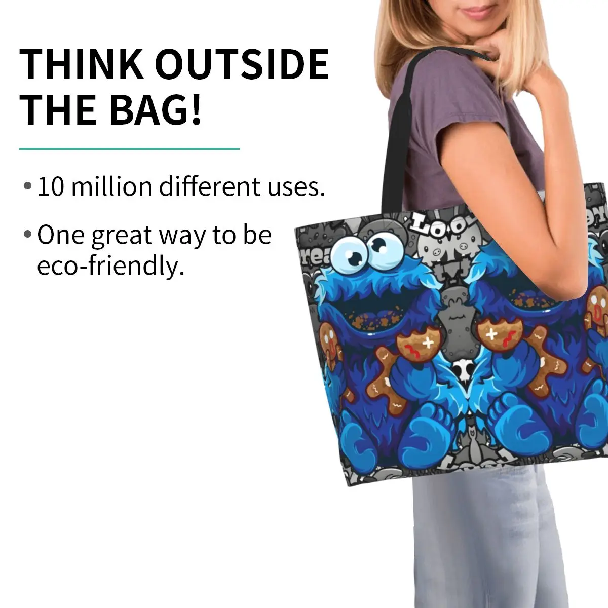 مخصص كوكي الوحش البقالة حقيبة قماش للمتسوقين حمل حقائب الكتف سعة كبيرة قابل للغسل حقيبة يد تلفزيون للأطفال #2