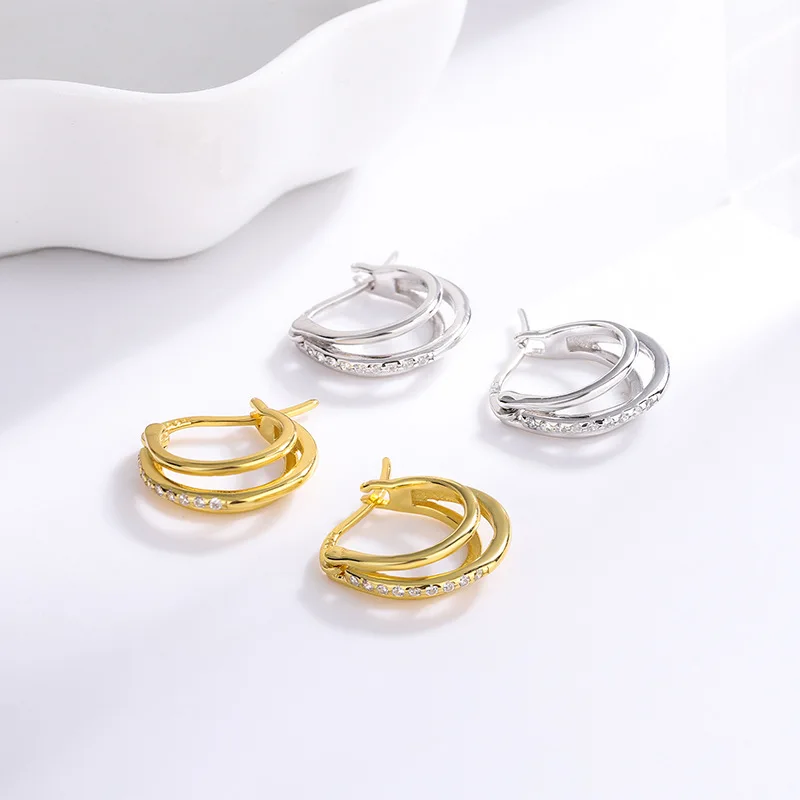 S925 Sterling Silver Three Ring Line Earrings Women's Simple and Versatile Diamond Earrings with Small Design Sense Earrings