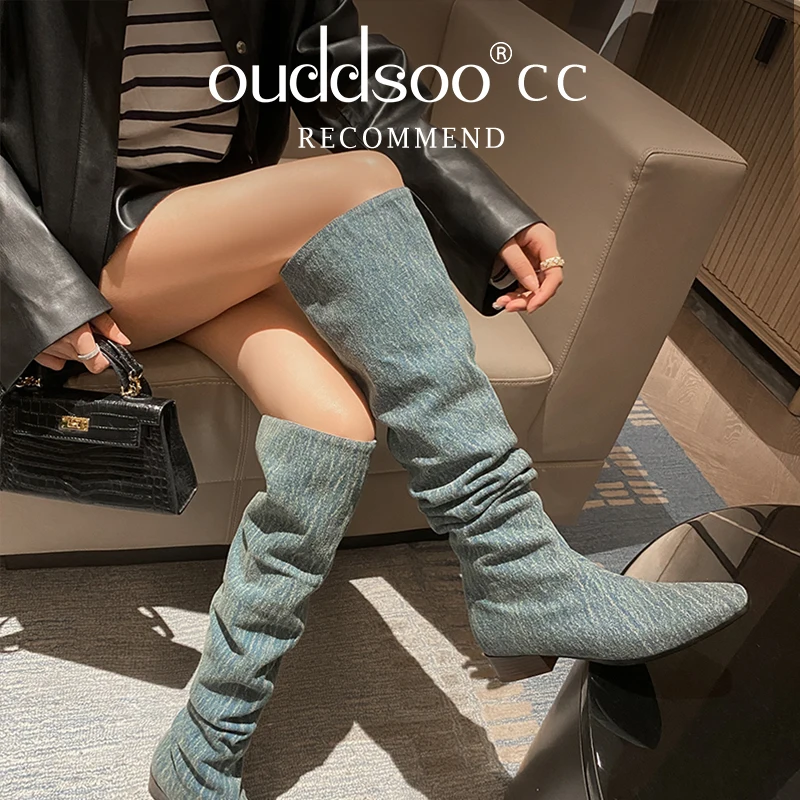 Ods Pleated Blue Classical Denim Round Toe Women Knee High Boots Ladies Slip-on Flats Dress Banquet Runway Shoes over the knee