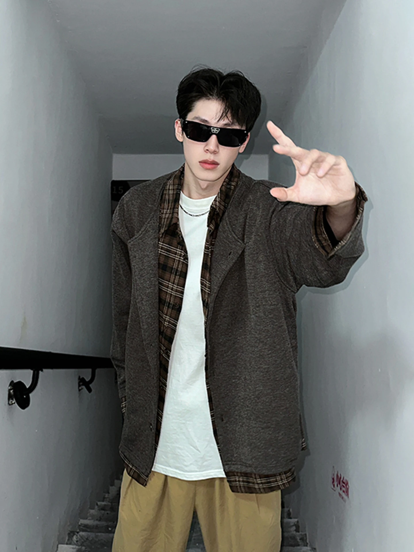 Men's Knitted Long Sleeve Shirt Jacket Plaid Splicing Open Cardigan Outerwear Cleanfit Collar Autumn Early Fashion Casual Wear