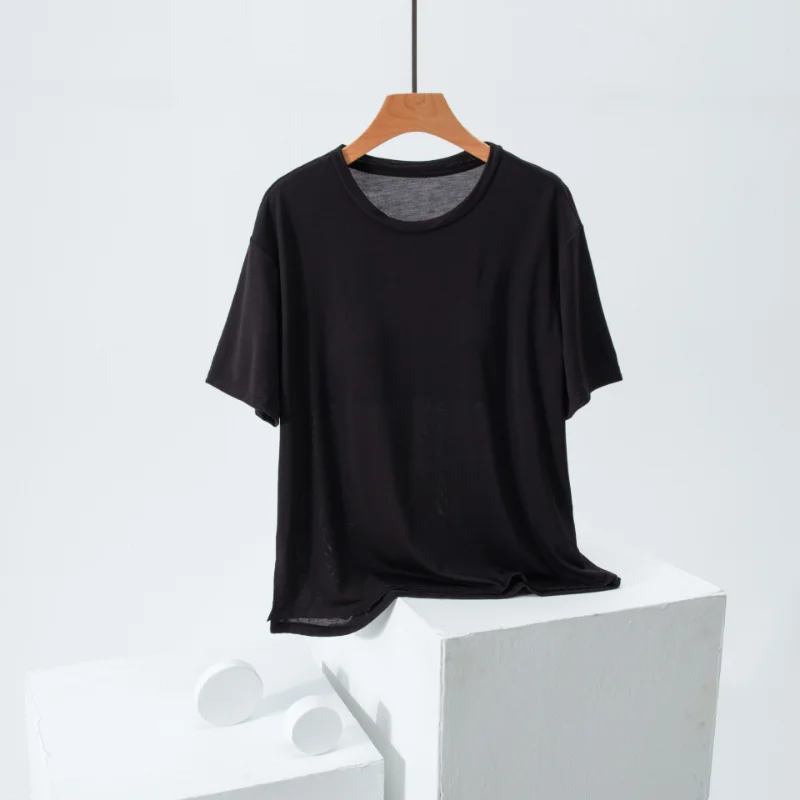 Pyjama d\'Été à Manches Courtes avec Coussinets de Poitrine, en Acétate, T-shirt Simple en Coton Doux pour la Maison, Nouveauté 2024