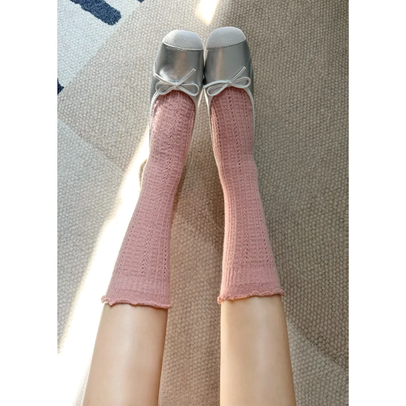 

Stockings Women's Korean-Style Wool Lace Cutout Thick Warm Leg Shaping Soft Glutinous Japanese All-Matching Solid Color Mid-Calf