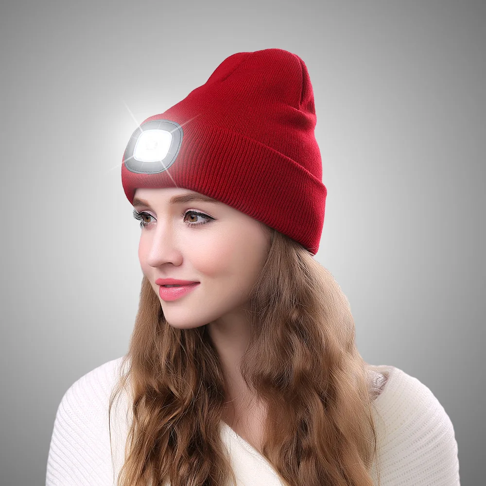 Men Headlamp Beanie USB Charging LED Light Wool Sport Cap Knitted Autumn Winter Night Running Headlight Hat Women Warm Headwear