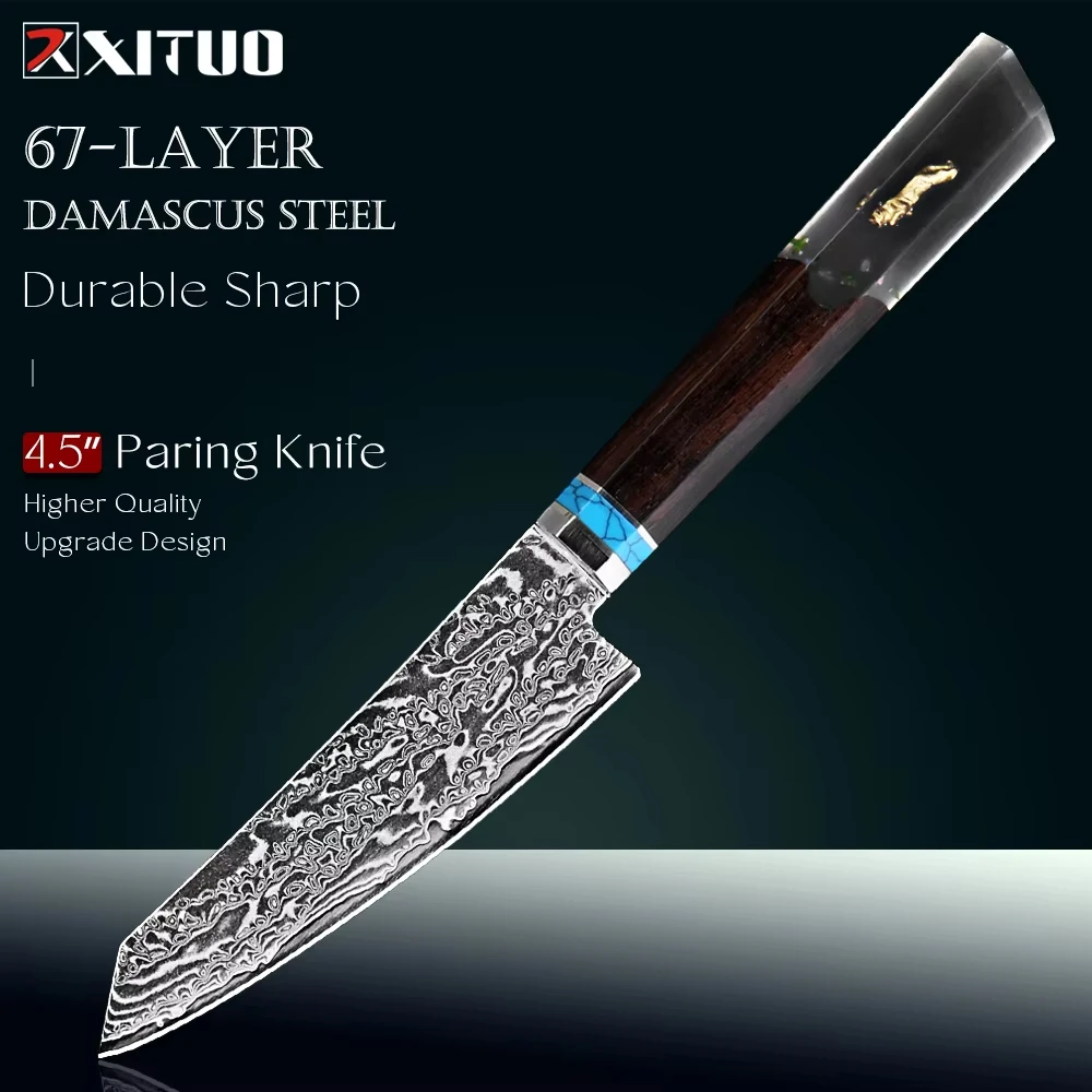 Damascus Paring Knife 4 inch, VG-10 Damascus Steel Fruit Knife, Japanese Multipurpose Peeling Knife for Cutting Fruit Vegetables