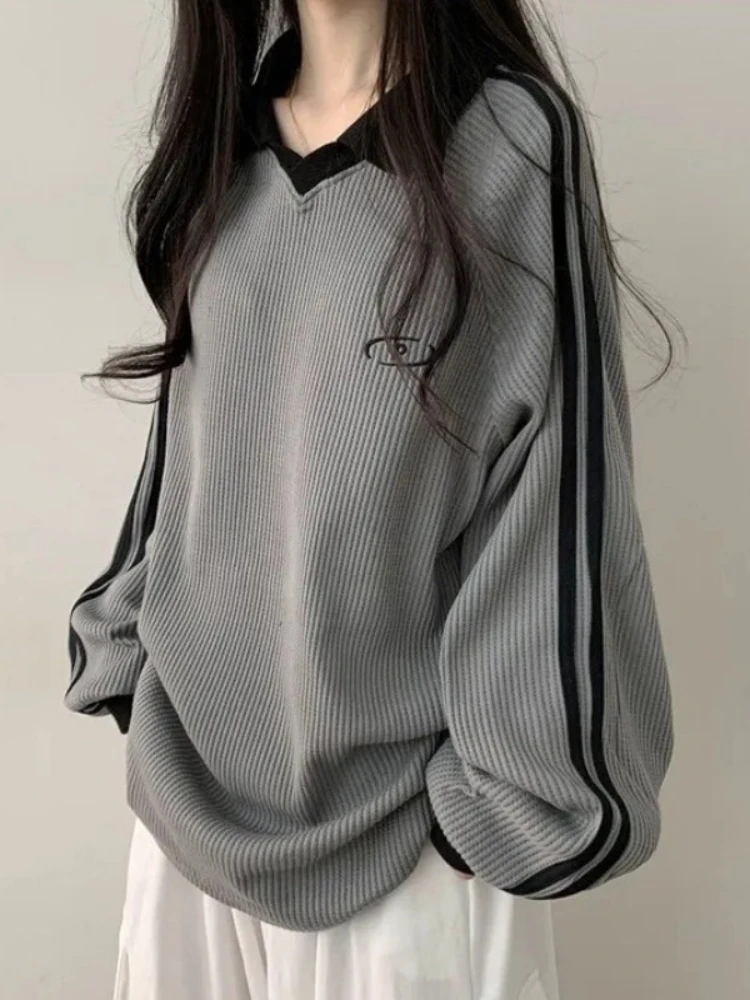 Col Polo rayé sweat femmes mode coréenne femme à manches longues hauts décontracté Patchwork pulls dames Vintage sweats à capuche 2025