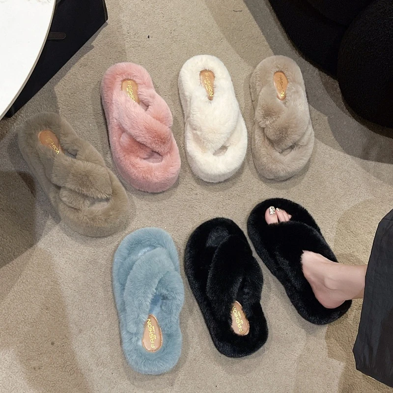 Winter Women open-toe short plush Slippers Fashion comfortable 7cm-platform House Slippers Non Slip Home Shoes Zapatos Mujer