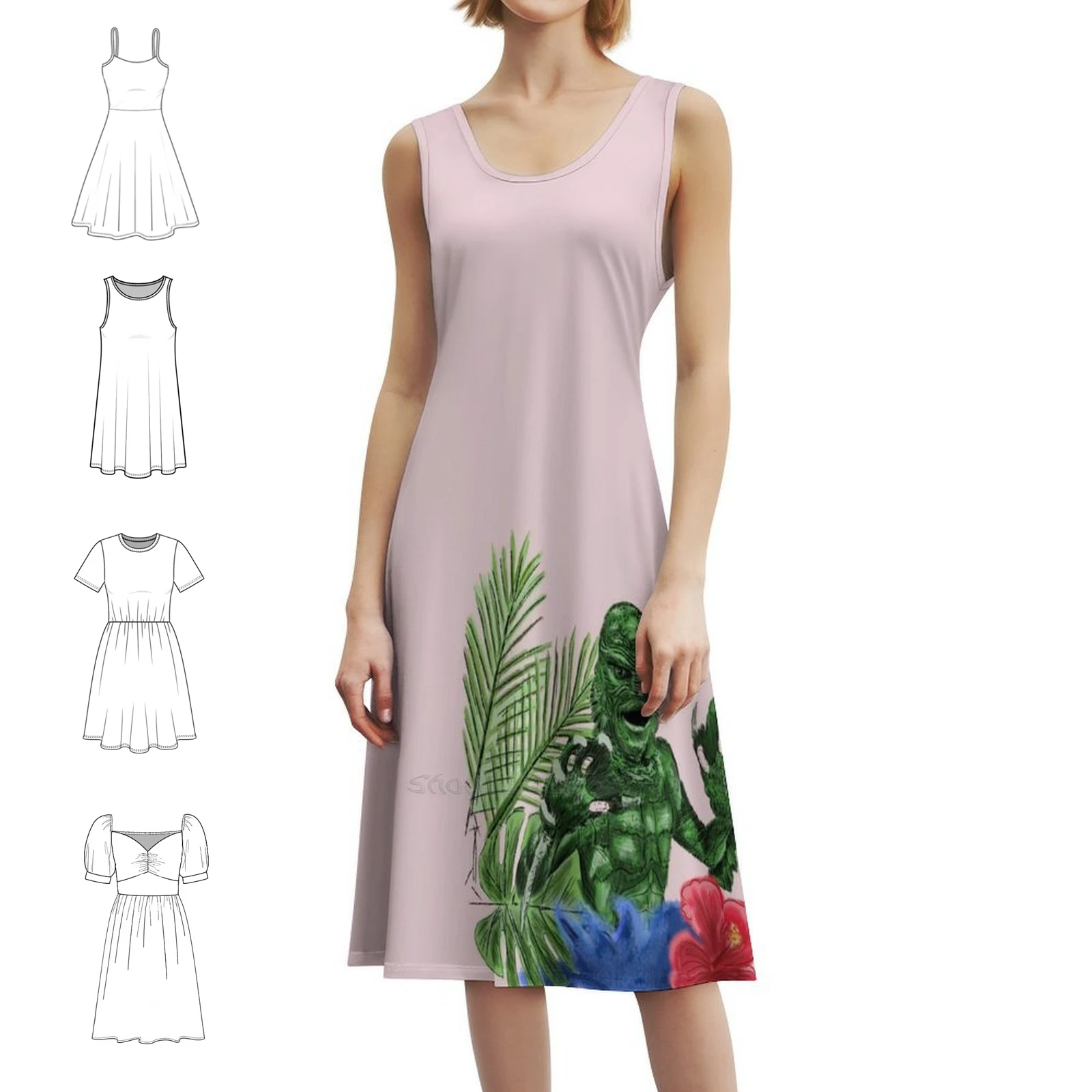 

Винтажное богемное платье «Существо из черной лагуны» с тропическим монстром, пышными рукавами или вариантами без рукавов для женщин, платье