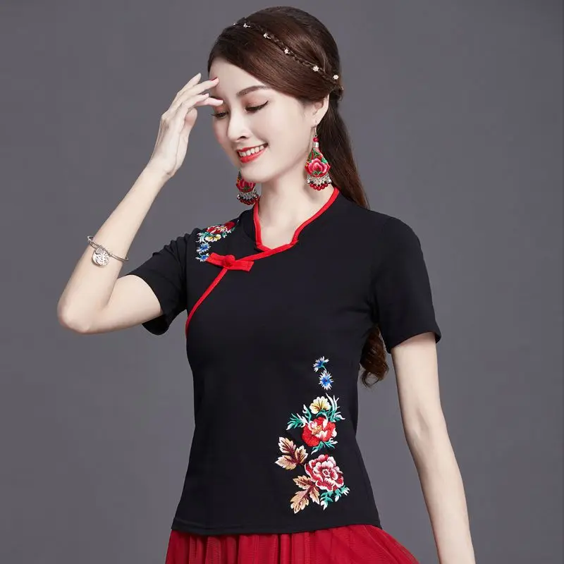 Cheongsam Womens Plus Size Slim Tops 2024 Summer Cotton Blend Fabric Embroidery Splicing Short Sleeve Chinese Style Qipao Shirts