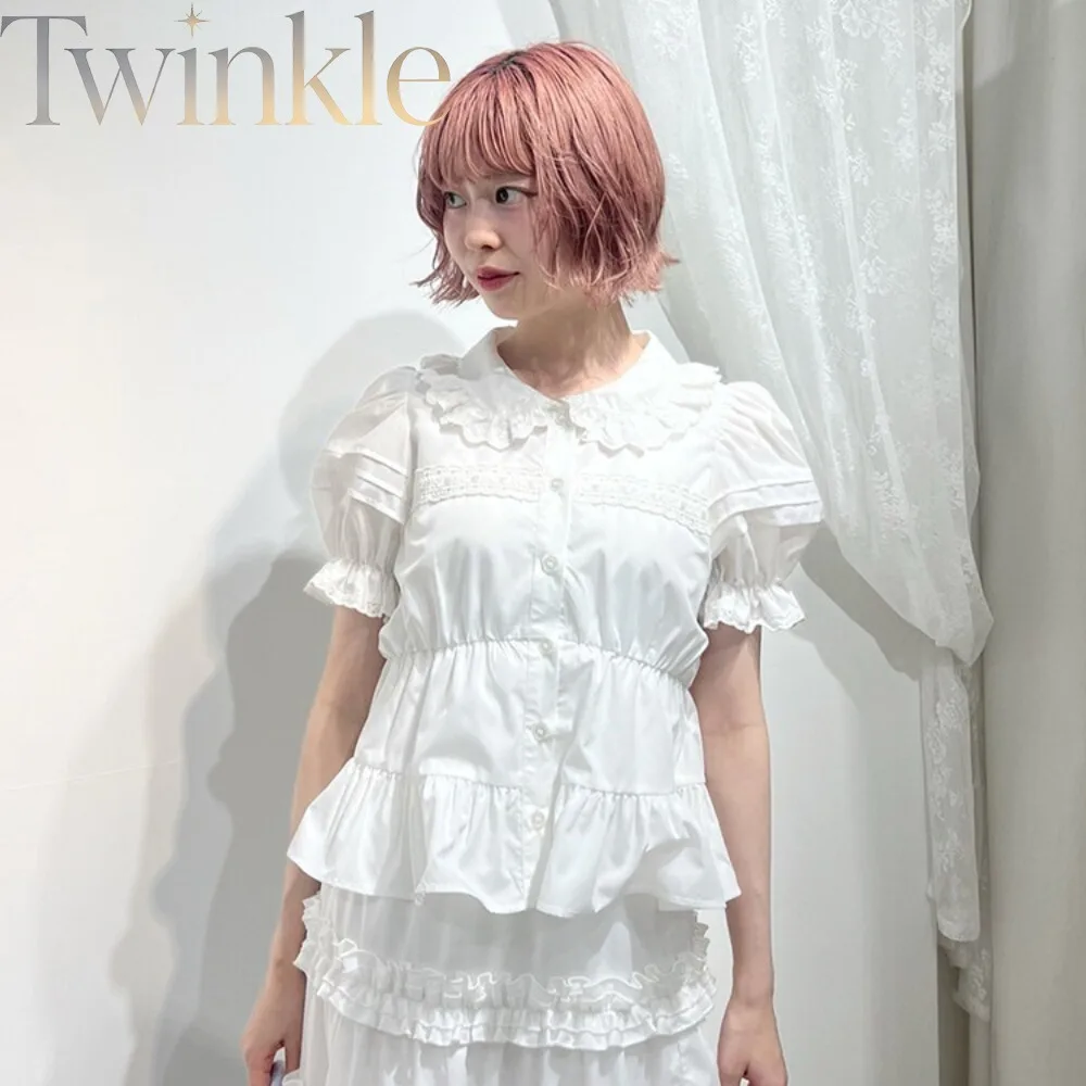 Women's Blouse Ruffle Doll Collar Puff Sleeve Shirt Cotton Japanese Lace Patchwork Waist Cinched Short Sweet for Femlae