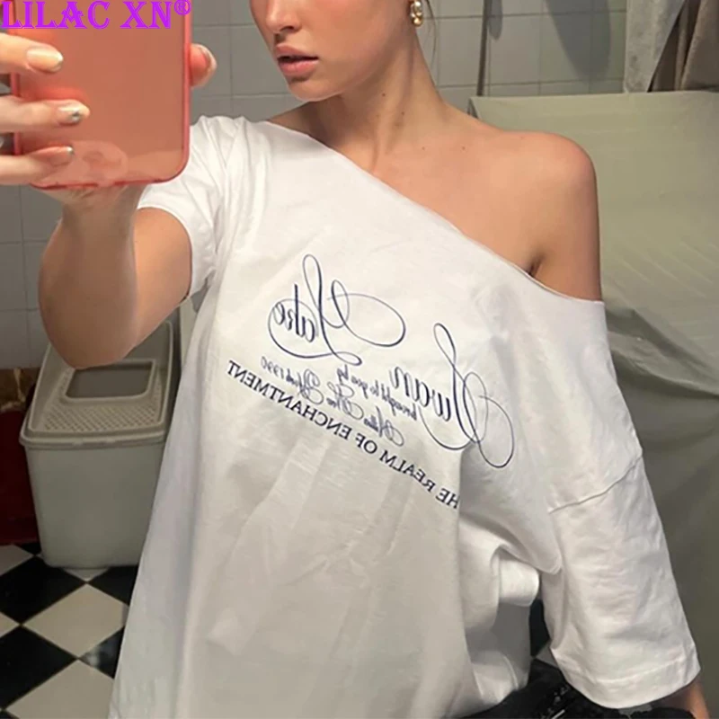 Lila xn y2k weißer Brief druck schulter frei lose Kurzarm-T-Shirts sexy Mode Frauen Sommer Tops T-Shirts Streetwear