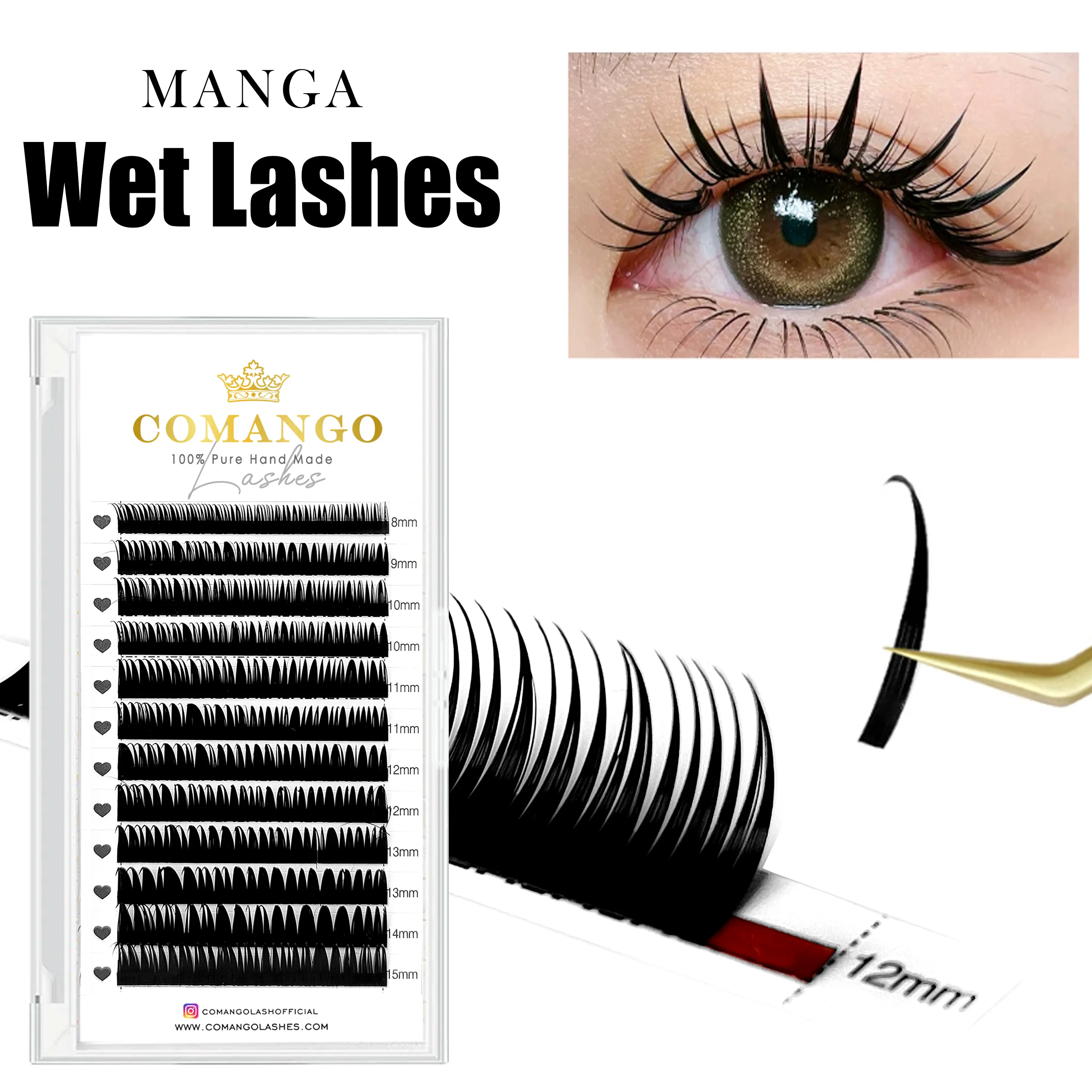 CoMango Wet Lashes Extension Flexible Natural Dark Black 8-15mm C/D Spikes Lash Cosplay Anime Manga Flat Premade Cluster Makeup