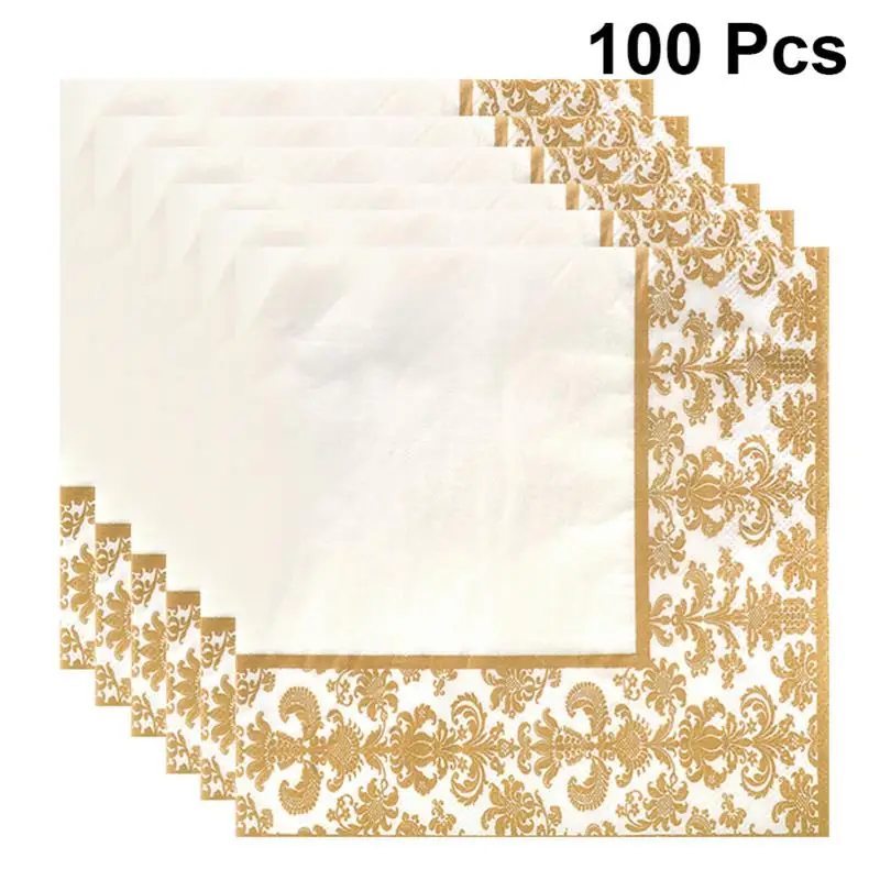 100pcs Gold Printing Disposable Napkin Tissue Paper Printed Napking for Restaurant and Hotel (Golden + White) Towel Wedding