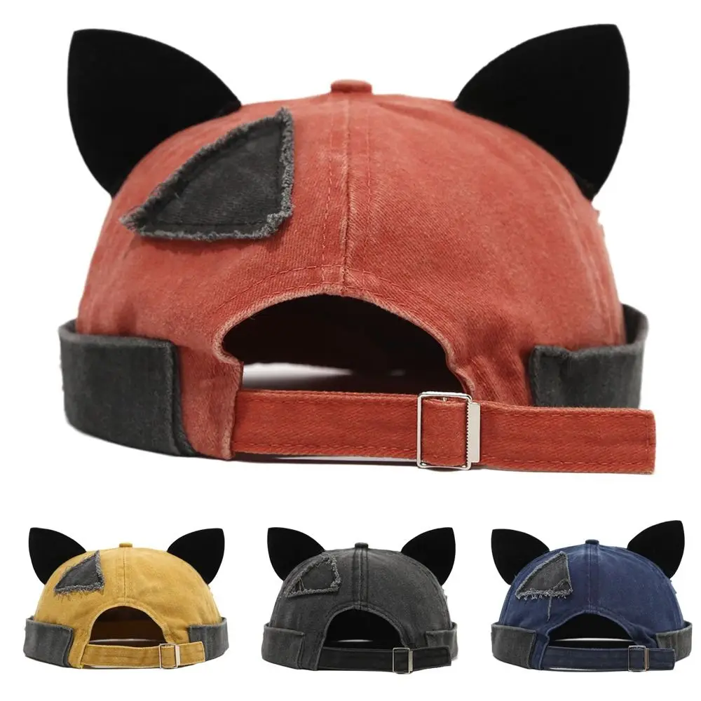 Retro Style Cute Cat Ears Brimless Hat Hip Hop Adjustable Melon Docker Cap Solid Color Rolled Cuff Retro Skullcap Outdoor