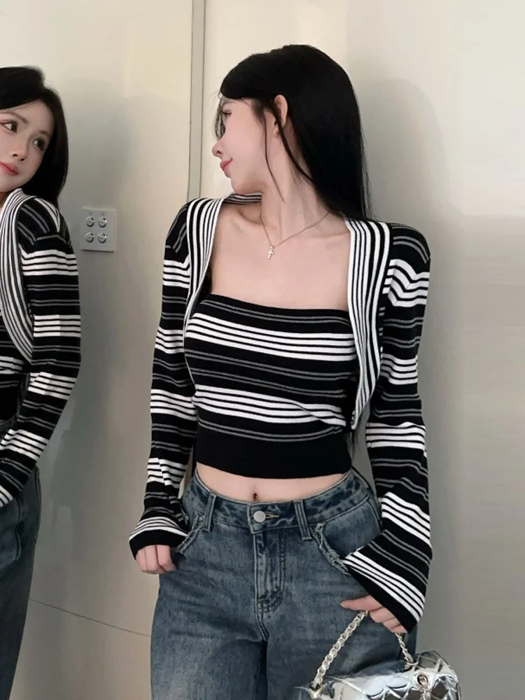 الكورية Faion ريترو مخطط اللون بلو طويل Sve صديرية دائرية سترة قطعتين مجموعة المرأة سليم صالح محبوك سترة سترة