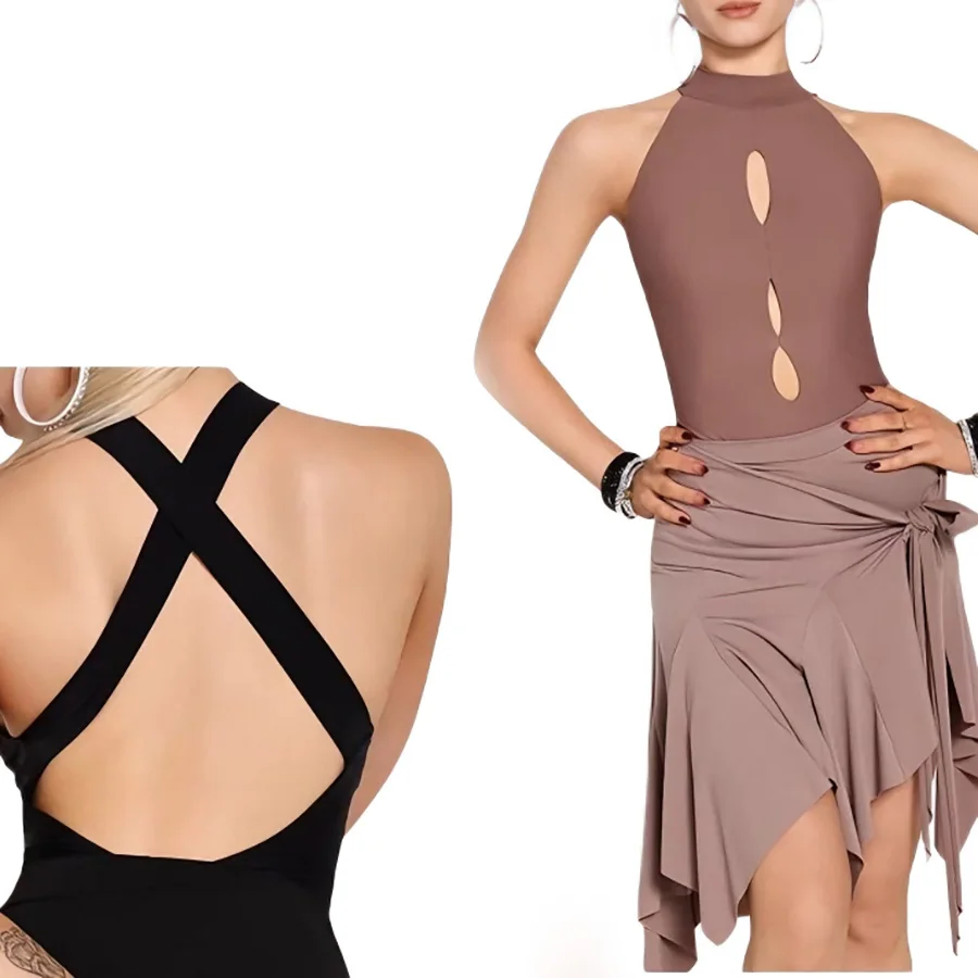 Women Latin Dance Dress Set Halter Cutout Top + Irregular Skirt for Salsa Rumba Practice view 4