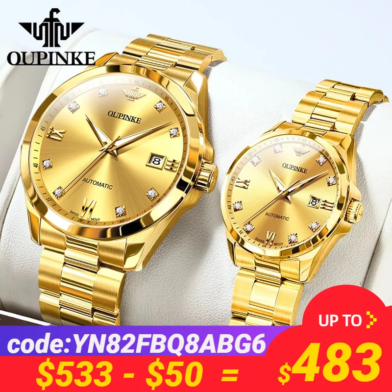 OUPINKE Real Diamond Automatic Mechanical Watch for Men Women Luxury Brand Original Swiss Movement Lover\'s Wristwatches Set Gift