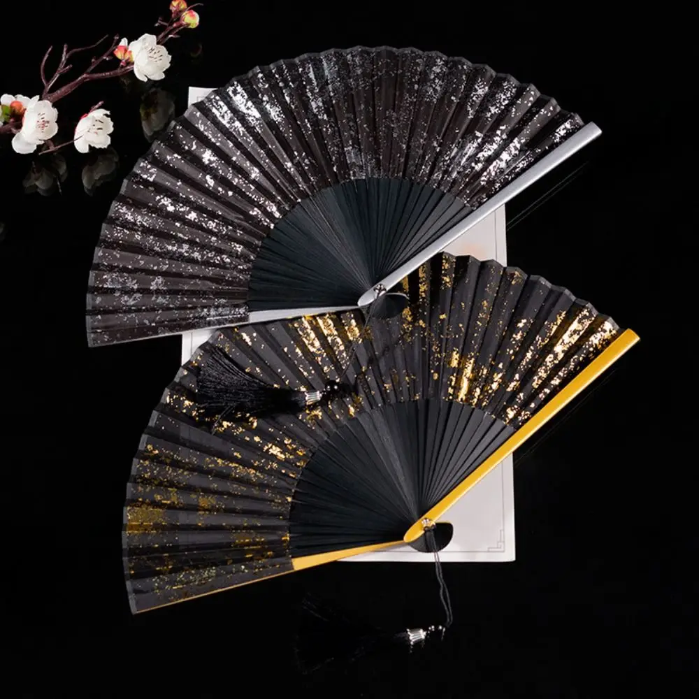 Creative Chinese Style Portable Folding Fan Gold Silver Elegant Handheld Bamboo Fan with Tassels Dance Fan Performances Party