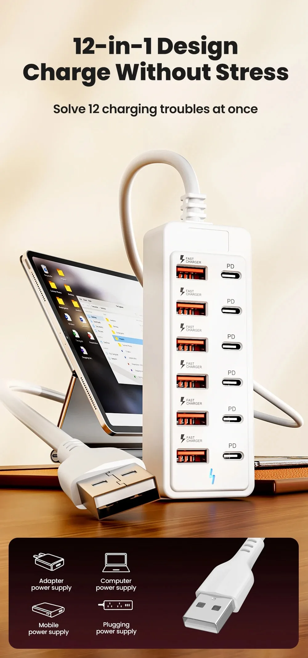 Auto-Schnellladegerät mit Mehrfachanschlüssen, 6-Port USB-Hub-Adapter Telefonladegerät & Stromanzeige, Kompatibel mit USB-C/USB-A-Geräten – Detail 1