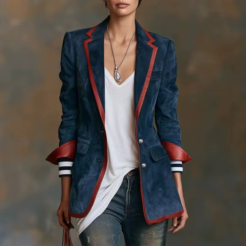 Women Suede Blazer Lapel Contrast Trim Long Sleeve Button Slim Fit Striped Cuff Casual Suit Jacket Vintage Streetwear Outerwears