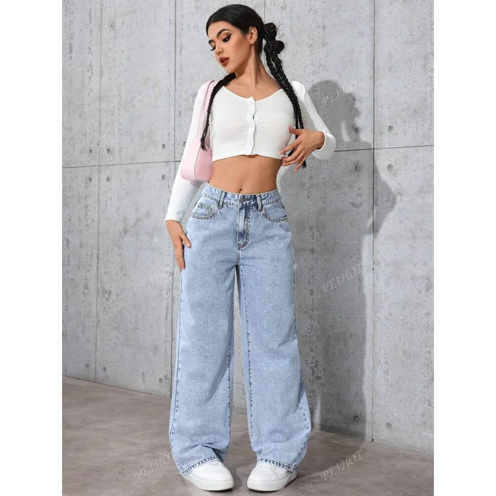Sweet and spicy style high waist straight jeans women's clothing summer new loose trend versatile long pants