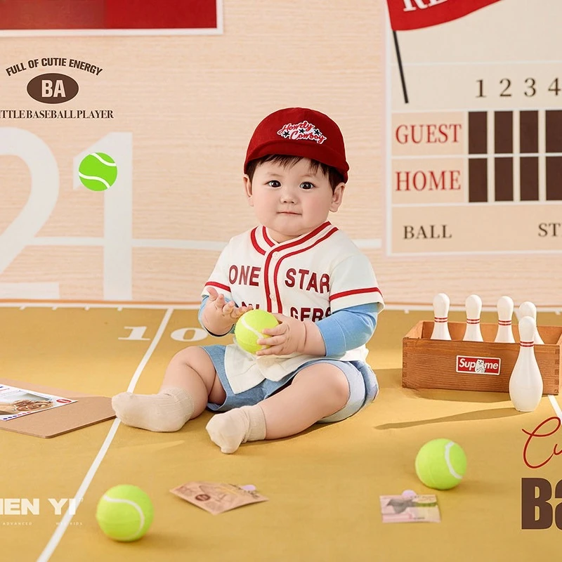 Baby 100 Days Photo Shoot Outfit Baseball Summer Sports Theme Kids Sportswear for 1st Newborn Photography Clothing Studio Props