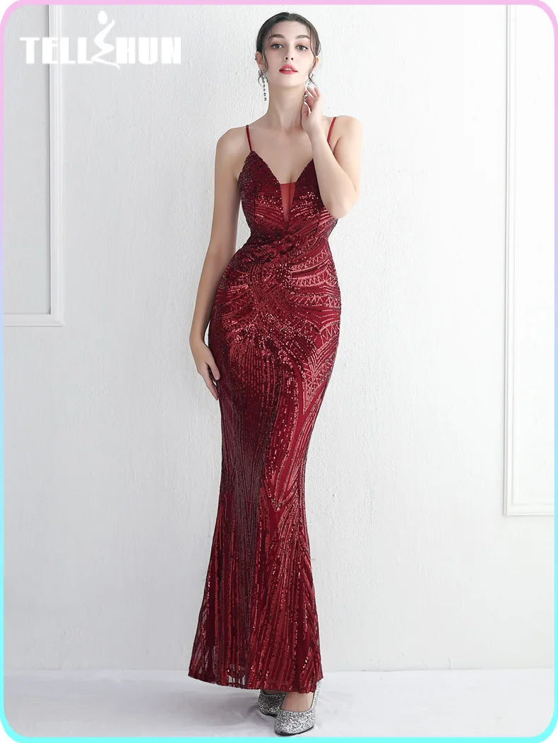 Red deep v-neck Mermaid Evening gala Dress Women Elegant Party Maxi Dress Sexy Sequins Formal Dress Evening Gowns wedding guest