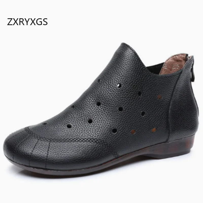

ZXRYXGS Soft Cowhide Women Spring Summer Boots 2026 New Trendy Hollow Full Real Leather Breathable Boots Flat Plis Size Boots