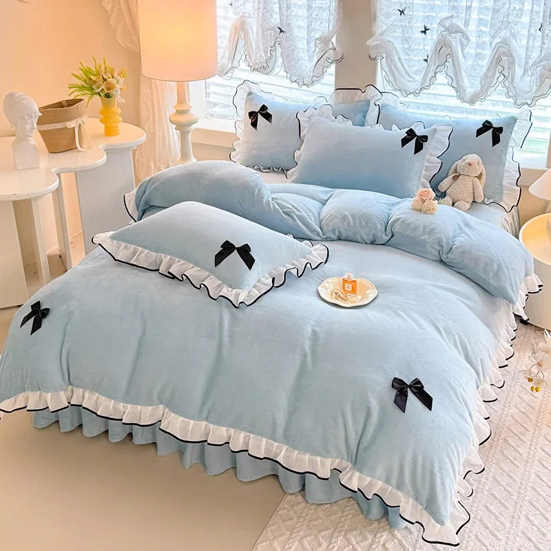 Bowknot Decor Milk Velvet Bed Four Piece Set with Lace Soft Duvet Cover Bed Skirt Kit Anti-Static Cozy Household Bedroom Bedding