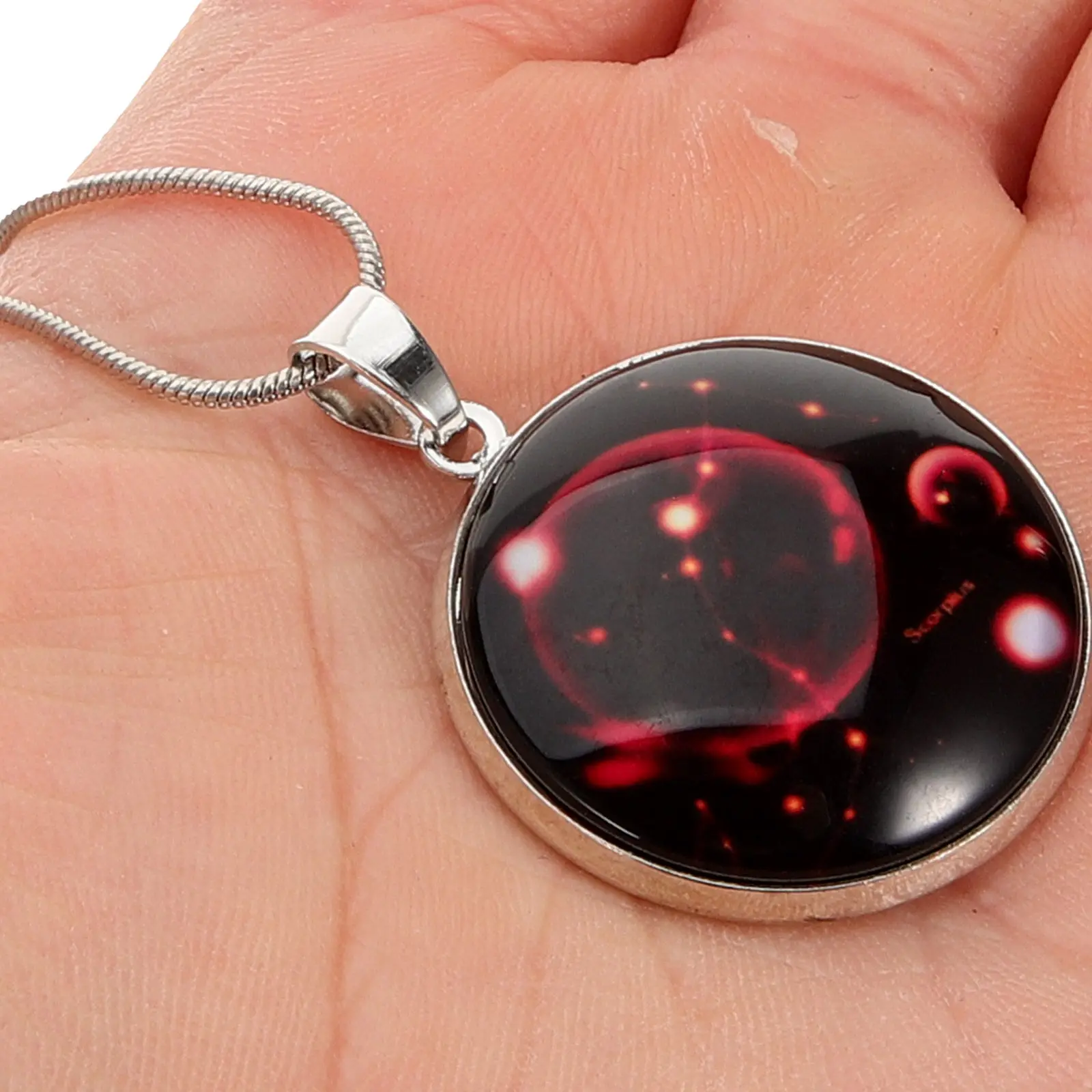 Scorpio Pendant Necklace Glow in the Dark Arched Glass Picture Charm Silver Plated Alloy Beaded Chain