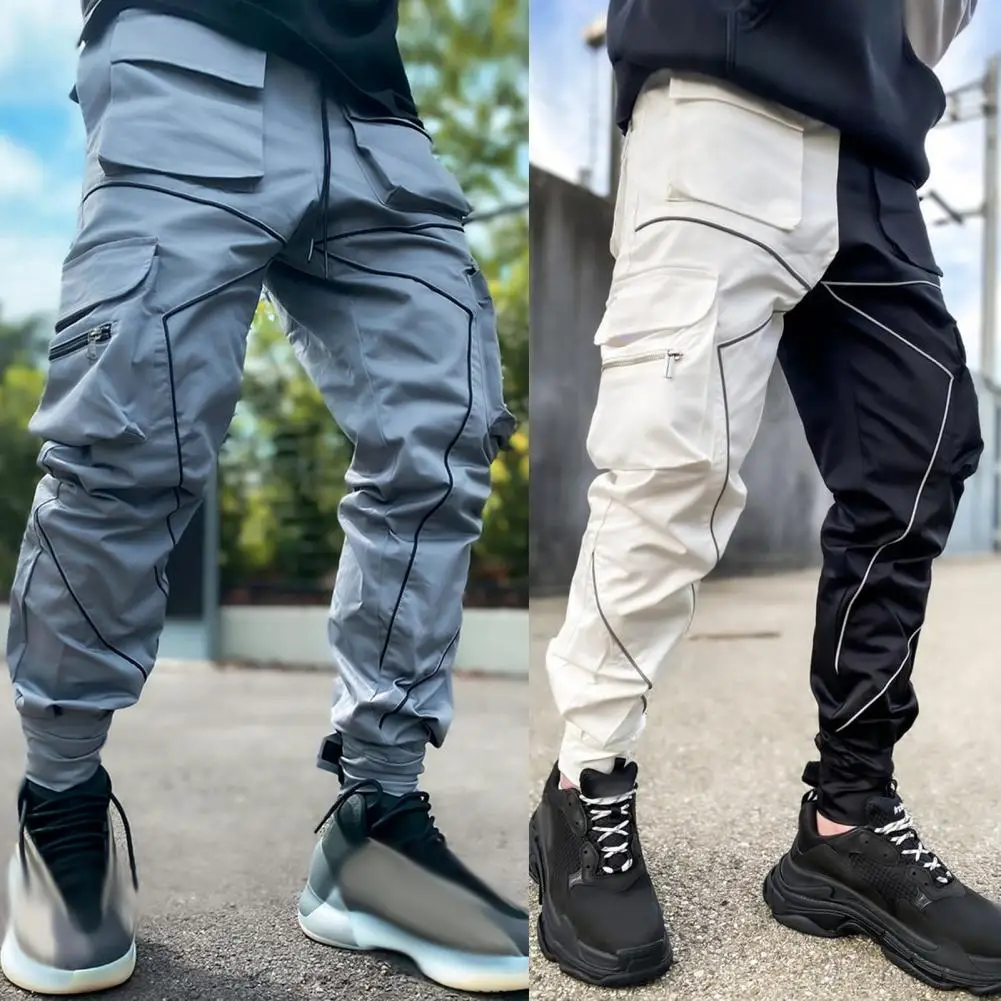 Elastic Drawstring Waistband Pants Reflective Patchwork Cargo Pants for Men with Ankle Bands Multi Pockets Loose Fit for Outdoor