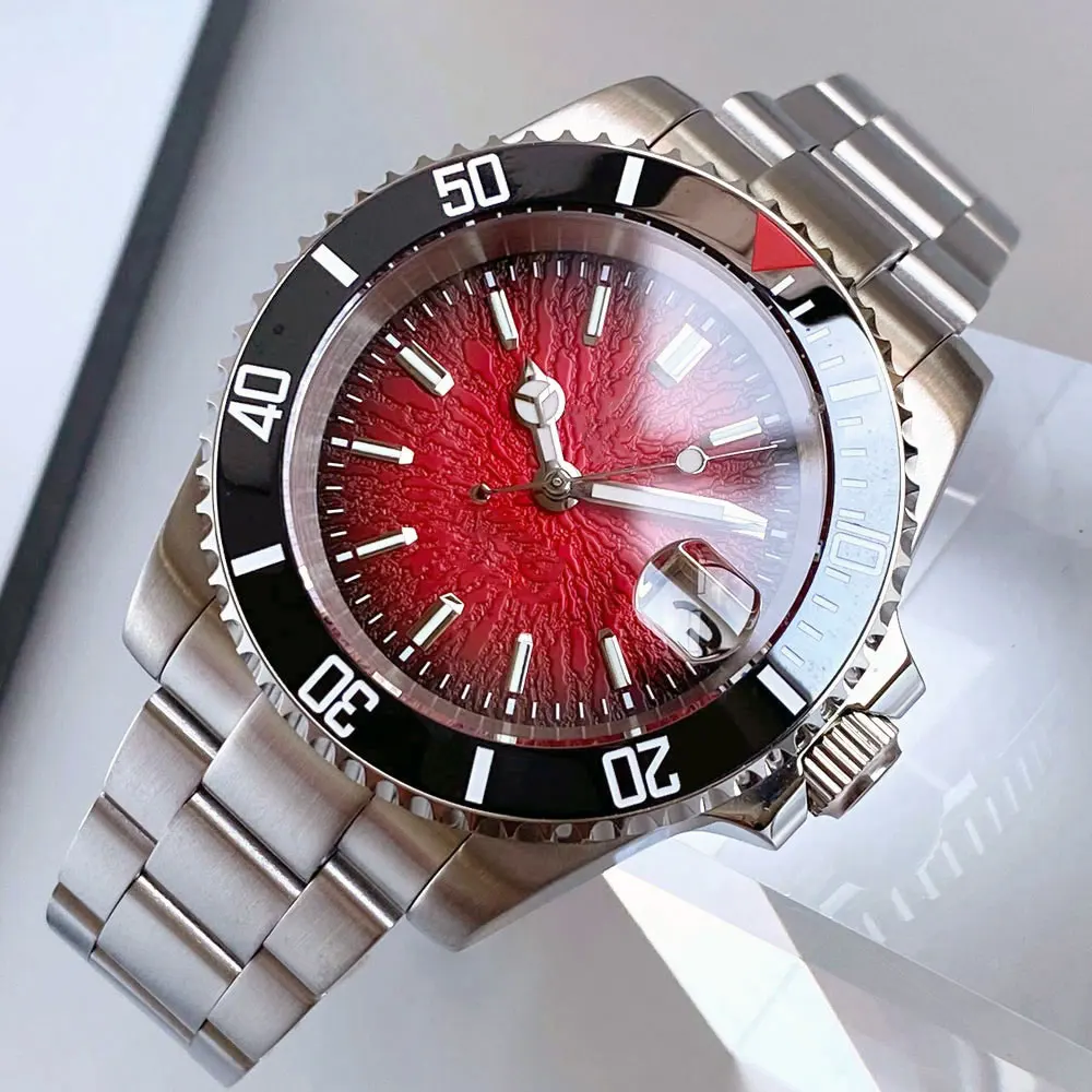 Miyota 8215 Tandorio Red Dial 40mm Mechanical Dive Watch Men 200M Waterproof Lume Sapphire Date Window Stainless Steel Bracelet