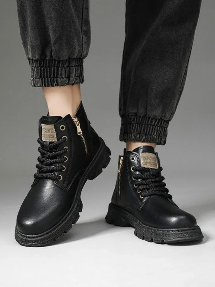​Men’s 2025 Winter New Arrival Zipper High Top Leather Boots Vintage Retro British Trendy Work Boots Lace Up Casual All Match​