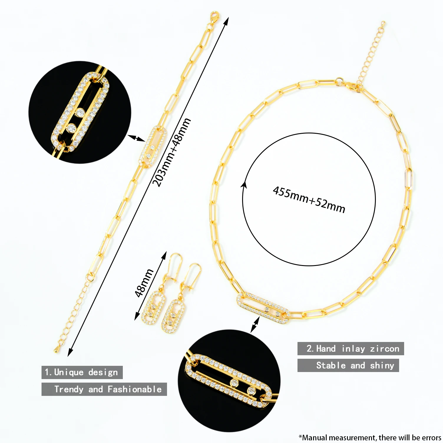 Dubai Mode-Schmuckset 21k Vergoldet Italienisches Geometrisches Zirkonia Halskette Armband Ohrringe Saudi-Arabische Damen Event-Party Schmuckstücke – Detail 2