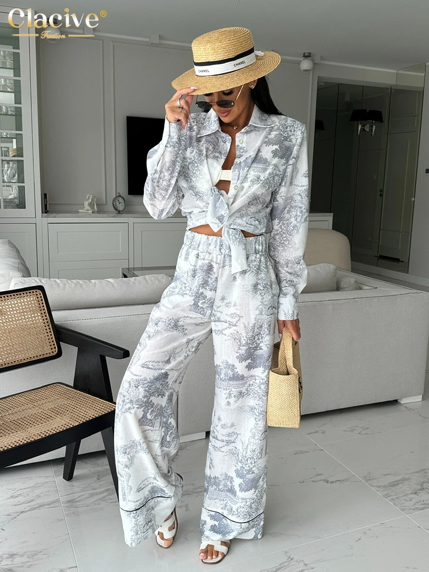 Clacive Fashion Loose Print 2 Piece Sets Women Outfit 2024 Elegant Long Sleeve Shirt With High Waist Pants Set Female Streetwear