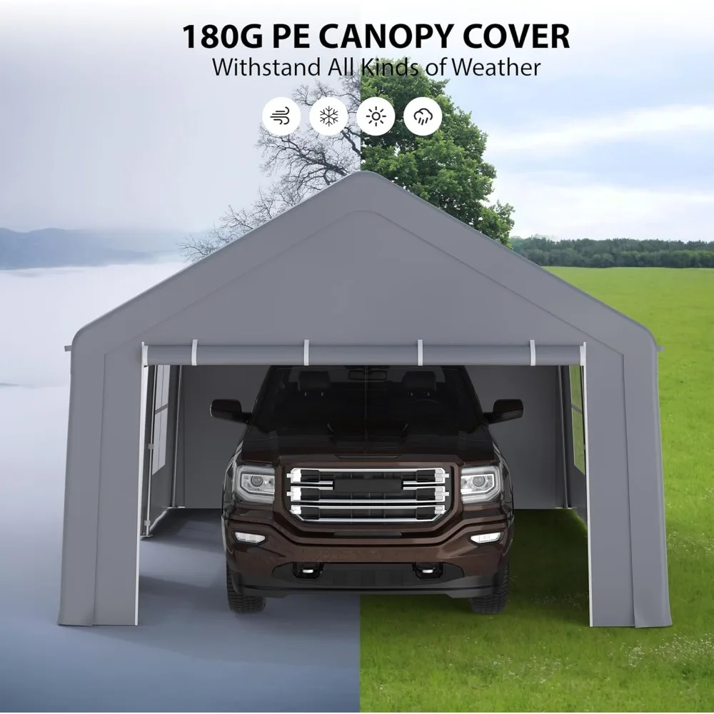 10x20ft carport heavy duty canopy, portable garage with 3 doors and 5 ventilated windows, all season tarpaulin outdoors