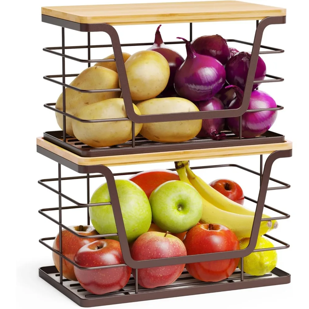 

2 Pack Stackable Wire Storage Basket with Bamboo Lip, Trash Bag Dispenser Under Sink for 4-13 Gal Bags