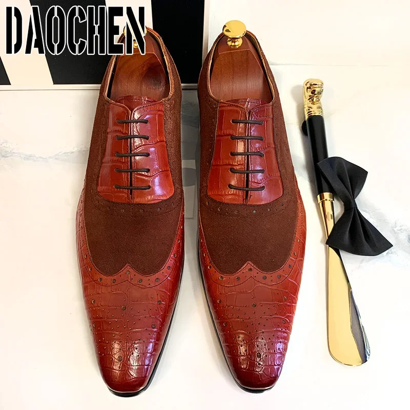 Luxury Men Oxford Shoes Lace Up Mens Pointed Toe Dress Shoes Black Brown Suede Patchwork Crocodile Leather Shoes For Men