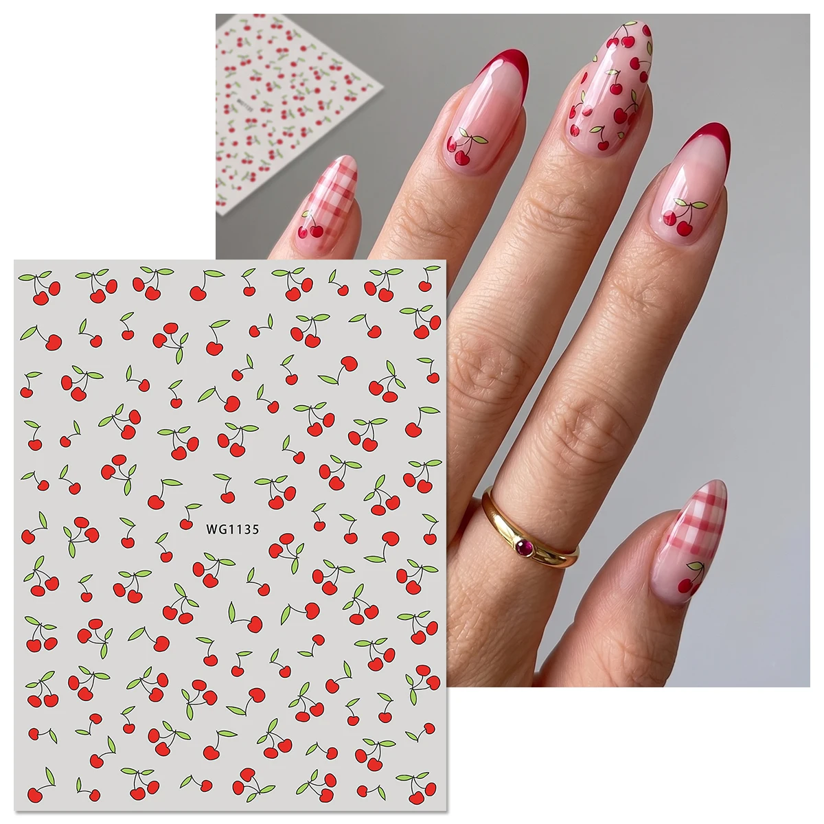 Hand-Drawn Cherry Nail Stickers, Red Green Fruit Decals, French Cute Nail Decor for Spring Summer Daily Party DIY