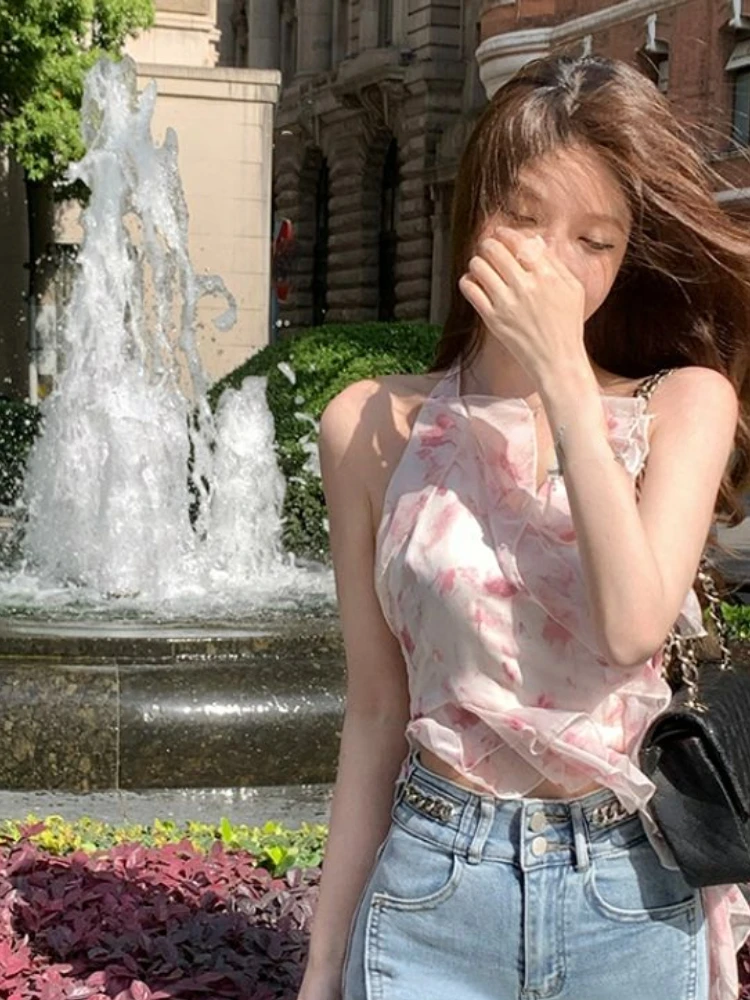 Pink Chiffon Korean Designer Vest Women Print Ruffles Elegant Sweet Tank Tops Female Holiday Causal Sexy HalterneckTops 2023 New