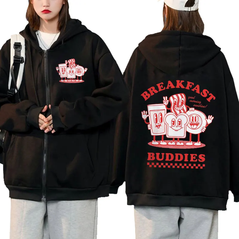 Funny Breakfast Buddies Graphic Zip-up Hoodie Men Women's Winter Fleece Zipper Jacket Sweatshirt Coat Couple Fashion Clothes