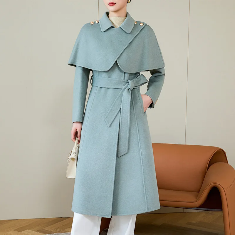 

100% Australia Wool Women's Hepburn Style Cloak Double-sided Cashmere Coat 2024 Fall Winter Chic Ladies Long Woolen Trench Coat